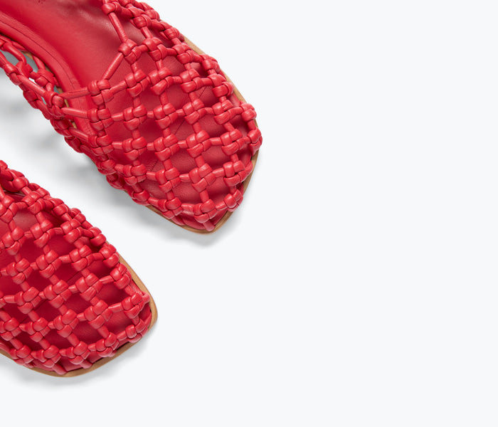 Fredan Salvador Sally woven leather flat shoe in crimson with knotted calf detail, showcasing stylish and comfortable footwear.