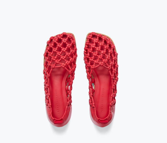 Fred Salvatore Sally woven leather flat in crimson with knotted calf top, showcasing stylish and comfortable women's footwear.