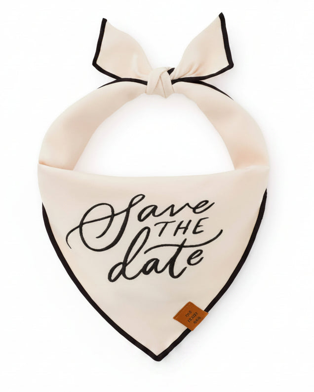 Wedding announcement dog bandana with embroidered “Save the Date” detail . Updated June 2026.