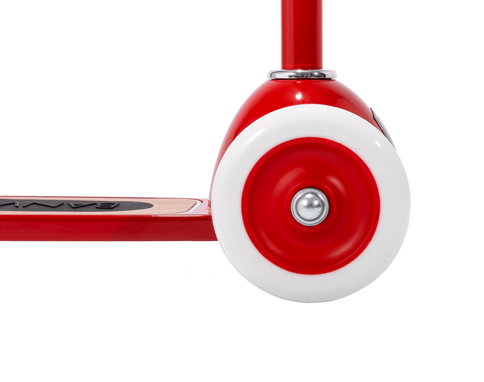 Close up front wheel of Banwood Scooter Red - Available at www.tenlittle.com