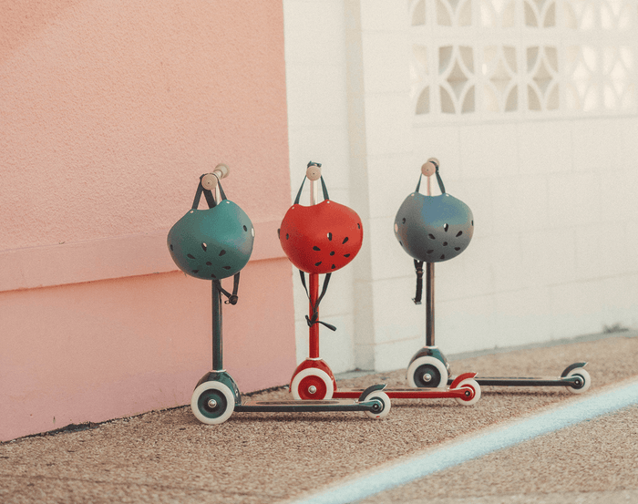 Banwood Scooter in Red, green and navy blue with helmet - Available at www.tenlittle.com