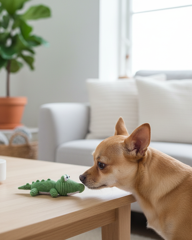 durable crochet dog toy with squeaker, playful alligator design for enrichment and gentle chewing