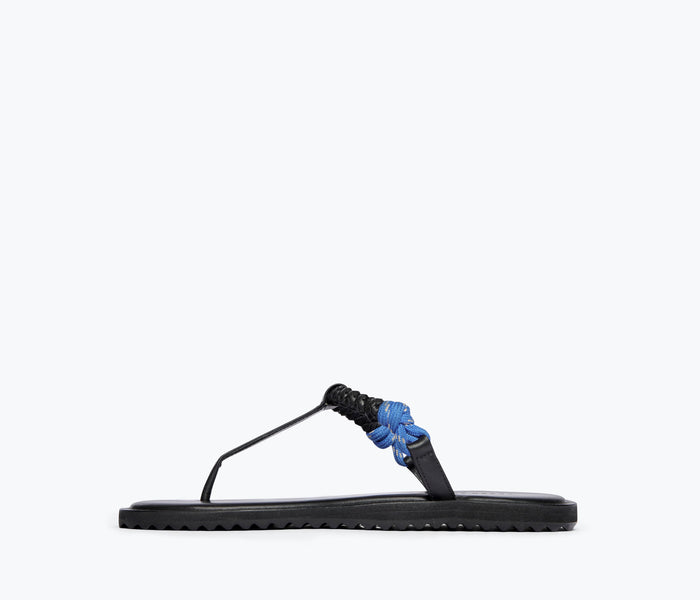 Freda Salvador Selah Rope Thong Sandal in cobalt with woven rope straps and inside view of the stylish sandal.
