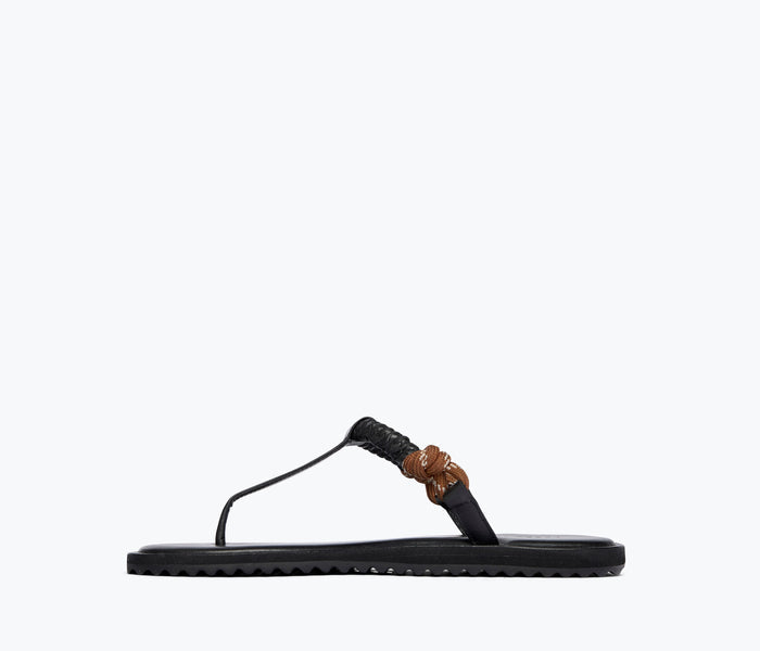 Freda Salvador Selah Rope Thong Sandal in chocolate with woven rope straps, shown from inside view highlighting stylish design