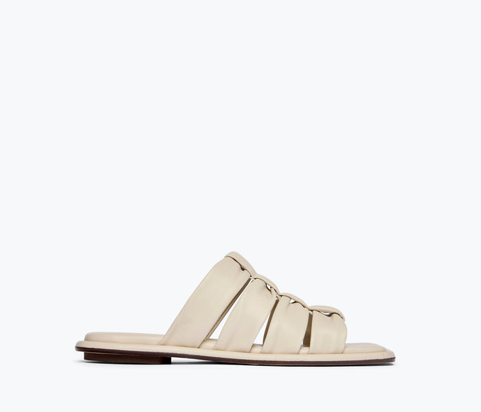 Fred Salvador Selena Cloud Mule Sandal in vanilla napa leather, front view showing sleek design and rounded toe profile.