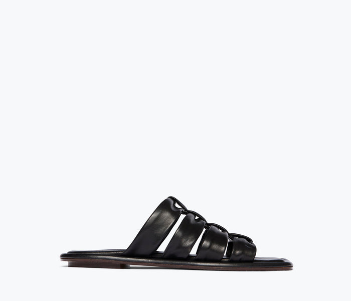 Black nappa leather Selena Cloud Mule sandal by Freda Salvador with a sleek front view and minimalist design.