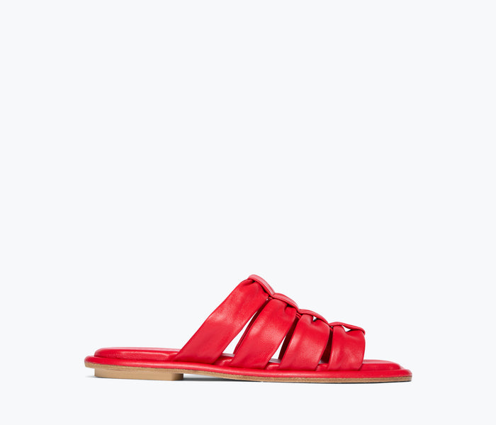 Fred Salvador Selena Cloud Mule Sandal in crimson nappa leather, front view showing sleek design and soft material.