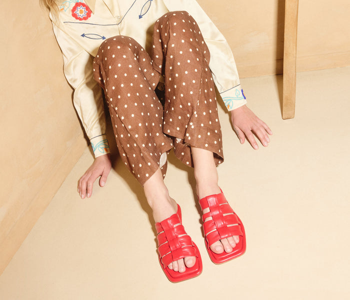 Fredas Salvador Selena Cloud Mule Sandal in crimson nappa leather with a sleek, minimalist design and open toe style.