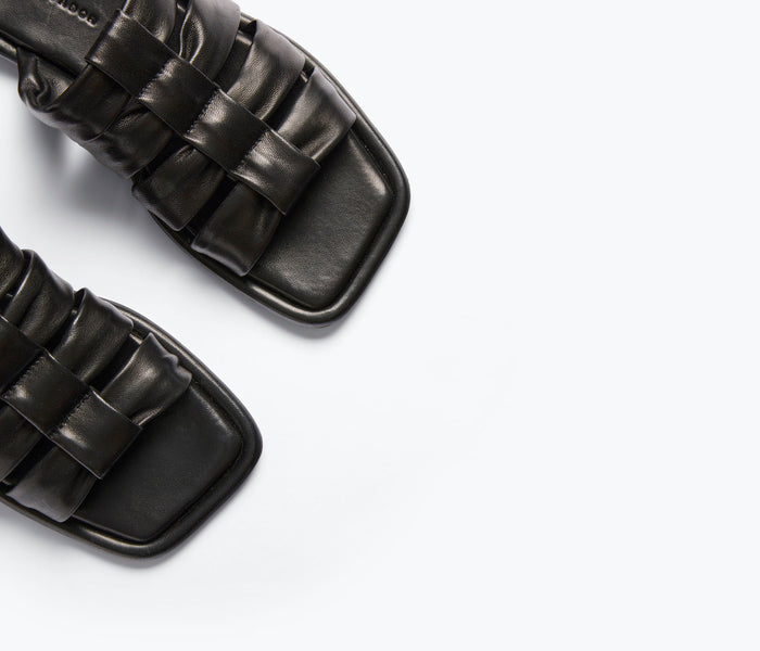 Black nappa leather Selena Cloud Mule sandal by Freda Salvador, featuring a sleek, minimalist design and slip-on style.