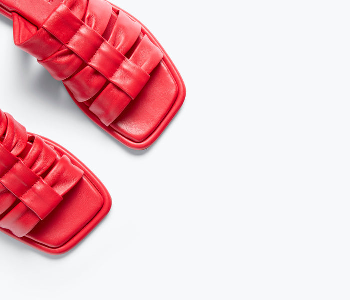 Fredas Salvador Selena Cloud Mule Sandal in crimson nappa leather, featuring a sleek, minimalist design and comfortable slip-on style.