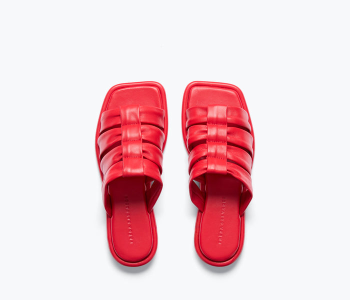 Fredsa Salvador Selena Cloud Mule Sandal in crimson nappa leather with a sleek, minimalist design and slip-on style.