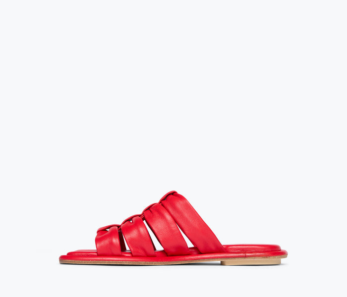 Freda Salvador Selena Cloud mule sandal in crimson nappa leather, showing the inside view of the stylish slip-on footwear.