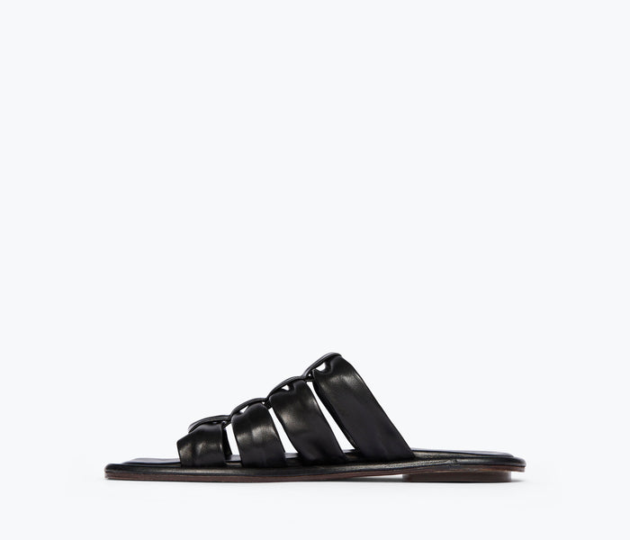 Fred Salvador Selena Cloud Mule Sandal in black nappa leather, shown from the inside angle.