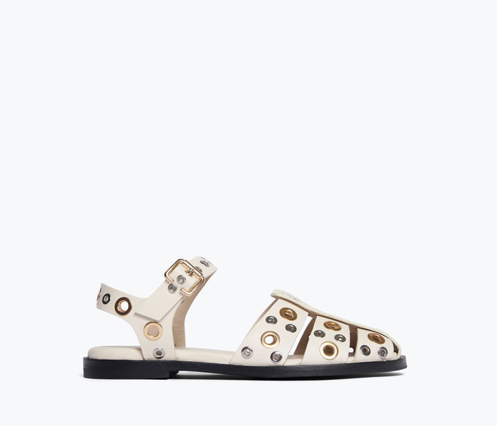 FREDA SALVADOR SERA fisherman sandal in bone color with grommet details, featuring a closed toe and adjustable ankle strap.