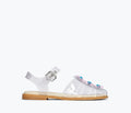 Freda Salvador SERA Fisherman Sandal with clear PVC straps and decorative flowers, front view showing stylish design.