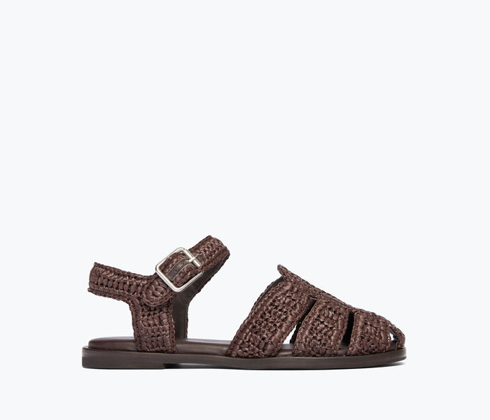 Freda Salvador SERA fisherman sandal in chocolate raffia with front view, featuring woven texture and casual slip-on style.