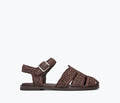 Freda Salvador SERA fisherman sandal in chocolate raffia with front view, featuring woven texture and casual slip-on style.