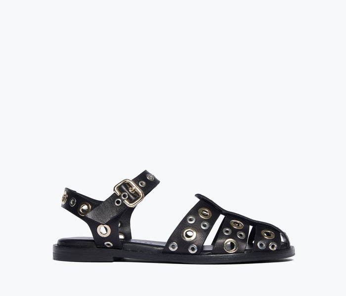 Black SERA Fisherman sandal by FREDA SALVADOR with front grommet details, showcasing a stylish and comfortable footwear design.