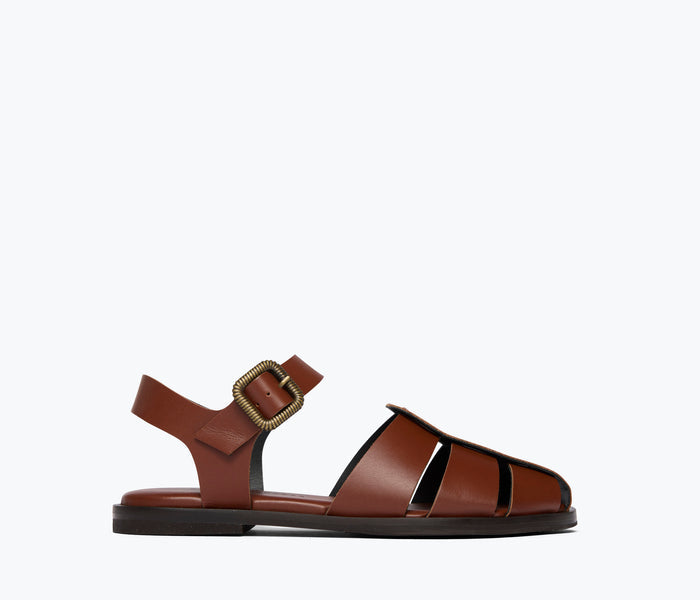 Freda Salvador SERA fisherman sandal in chocolate calf leather, front view showing sleek design and craftsmanship.