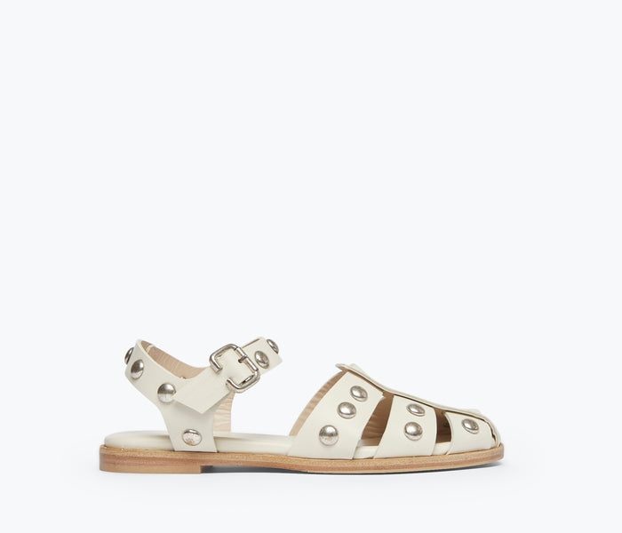 Freda Salvador SERA fisherman sandal in dove white with stud details, front view showing open toe and strap design.