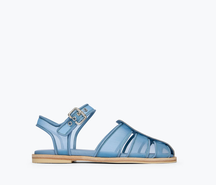 Freda Salvador Sera Fisherman Sandal in denim mesh with front view, showcasing stylish, comfortable open-toe sandal design.