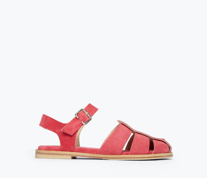 Fredrik Salvador SERA Fisherman Sandal in watermelon suede, front view showing its stylish design.
