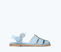Blue suede SERA FISHERMAN sandal by FREDA SALVADOR with front view showing stylish straps and comfortable design.