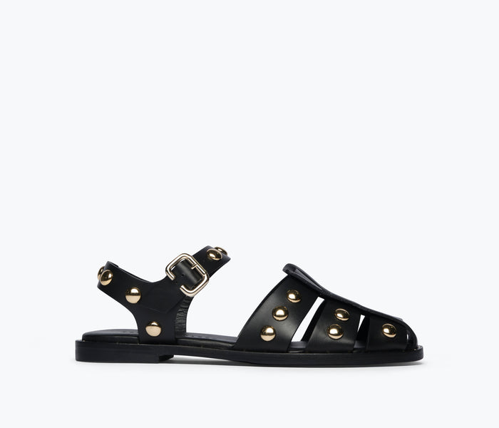 Black SERA Fisherman Sandal by FREDA SALVADOR showing front view with woven strap design and open toe style.