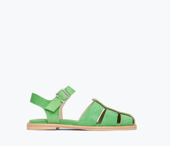 Freda Salvador SERA Fisherman Sandal in Kelly green suede, featuring a strappy design and ankle strap, on a white background.