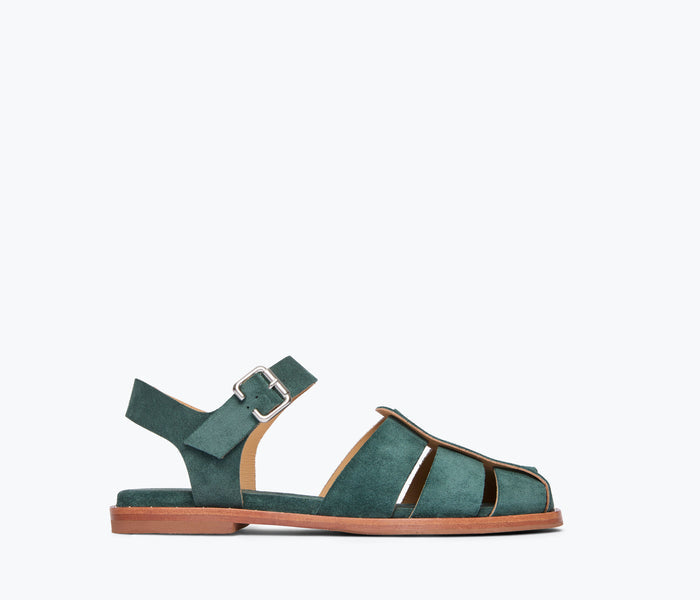 Fred Salvador SERA Fisherman Sandal in emerald suede, front view showing the stylish straps and textured material.