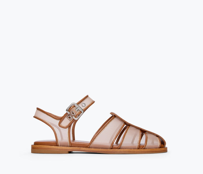 Freda Salvador SERA fisherman sandal with stone mesh front, showcasing stylish open-toe design and woven strap details.