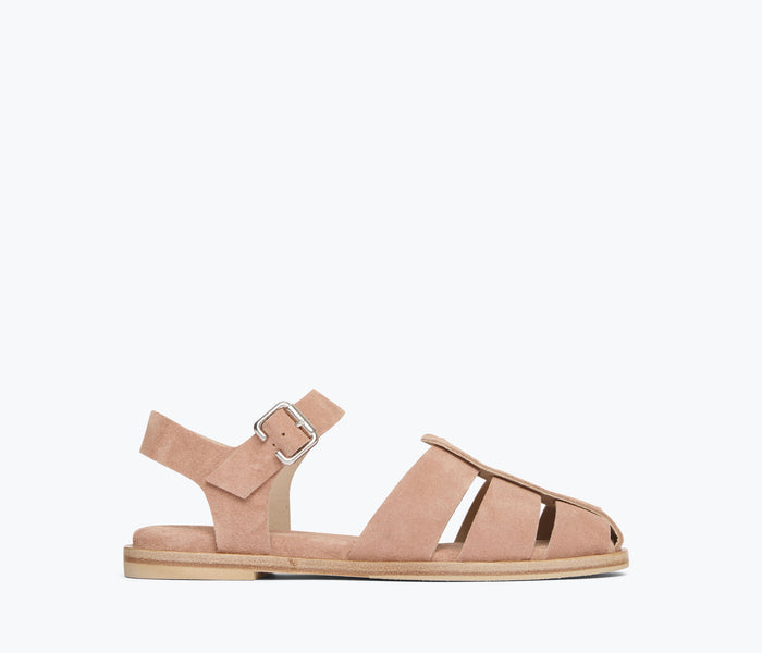 Freda Salvador Sera Fisherman Sandal in blush suede with front strap detail and open toe design.