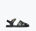 Freda Salvador SERA fisherman sandal in black calf leather with turquoise stones, front view showcasing detailed embellishments.