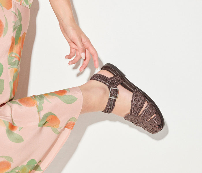 Freda Salvador Sera fisherman sandal in chocolate raffia with woven strap design, showcasing casual and stylish footwear.