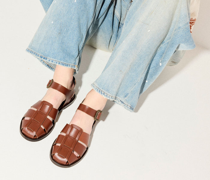 Freda Salvador SERA fisherman sandal in chocolate calf leather, showing the side view with detailed strap design.