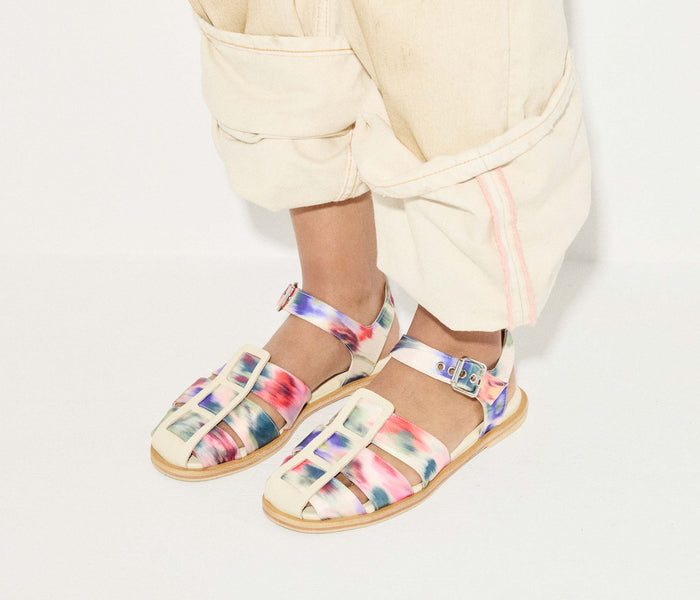 Fredas Fisherman sandal with watercolor satin finish, showcasing its stylish strap design and elegant, shiny fabric.