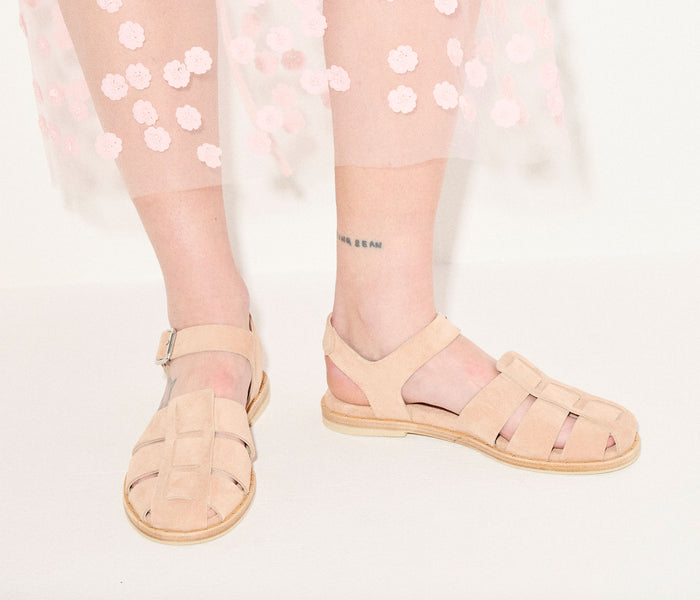 Freda Salvador Sera fisherman sandal in blush suede with open toe and ankle strap, stylish and comfortable for warm weather.