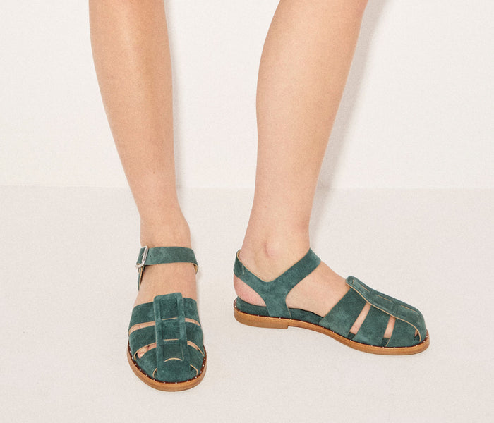 Fredas Salvador SERA fisherman sandal in lush emerald suede with a sleek design and comfortable strap details.