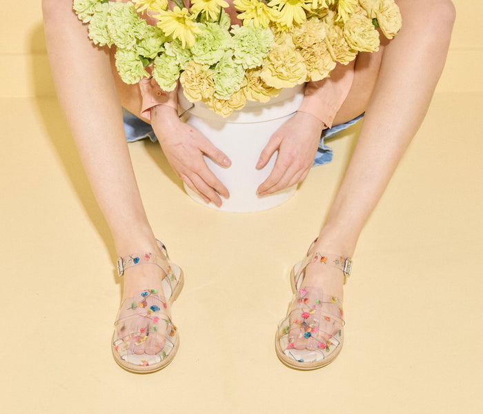 Freda Salvador SERA Fisherman Sandal featuring colorful floral PVC straps and a sturdy sole, stylish and comfortable footwear.