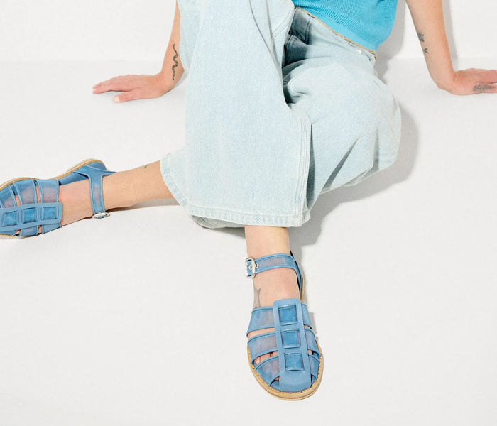 Freda Salvador SERA fisherman sandal in denim mesh with open toe and adjustable strap, stylish casual footwear for women.