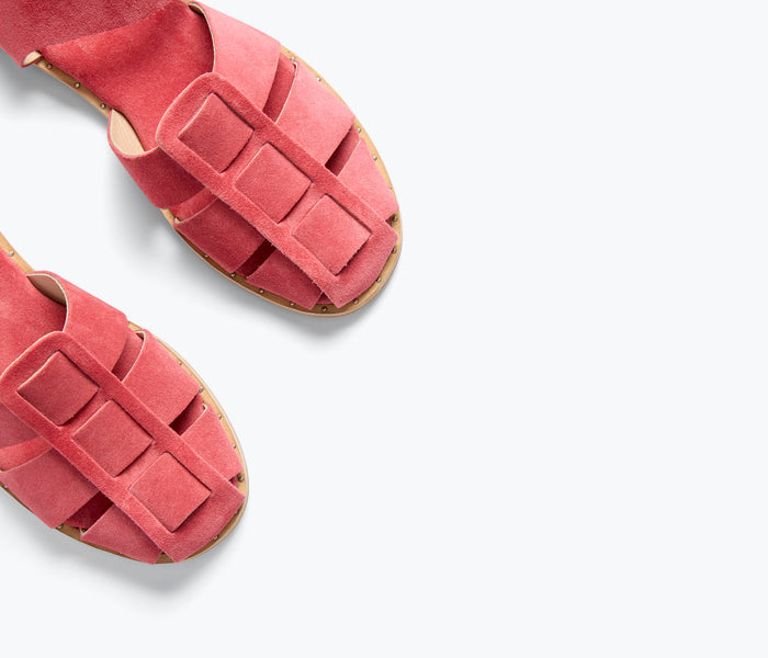 Freda Salvador SERA Fisherman Sandal in watermelon suede with detailed strap design and open toe style.