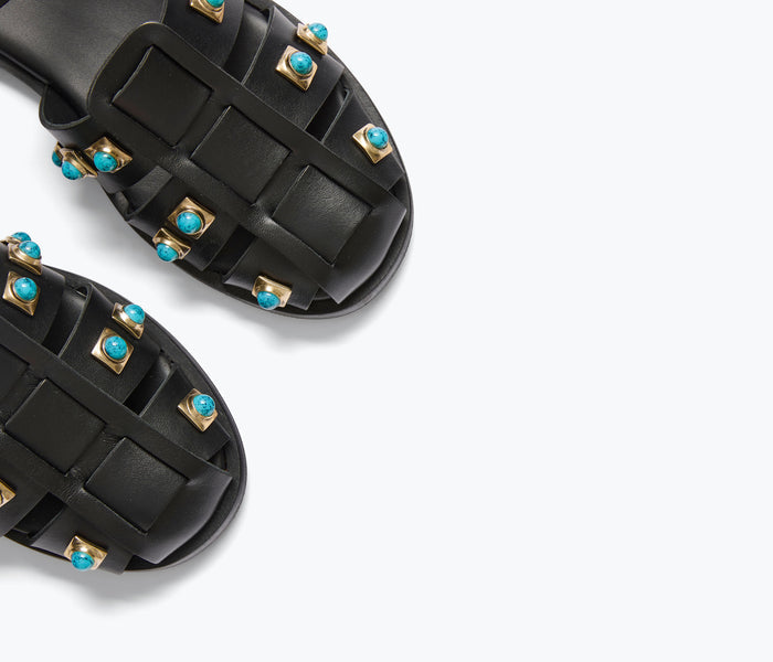 Black SERA Fisherman Sandal by FREDA SALVADOR with turquoise stones and calf leather detailing.