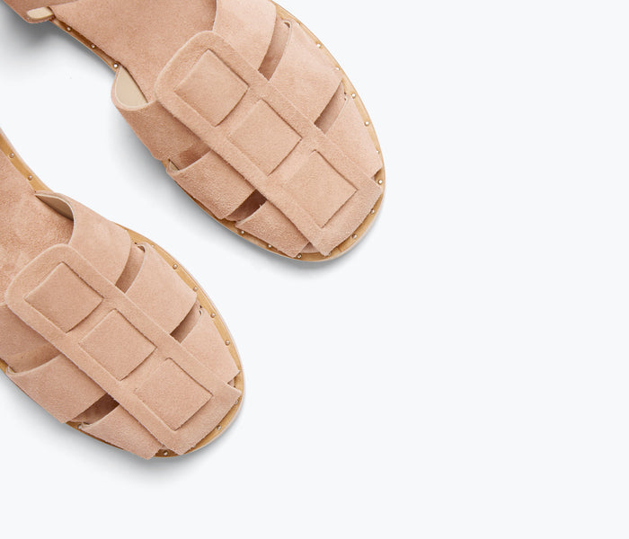 Freda Salvador SERA fisherman sandal in blush suede with detailed strap design, perfect for casual summer wear.