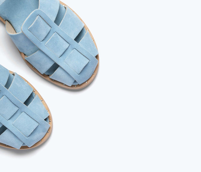 FREDA SALVADOR SERA fisherman sandal in blue suede with detailed stitching and open-toe design, stylish and comfortable footwear.