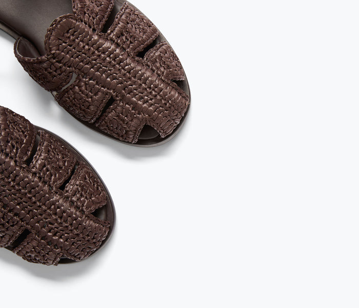 Freda Salvador SERA fisherman sandal in chocolate raffia with woven strap, showcasing intricate detailing and casual style.