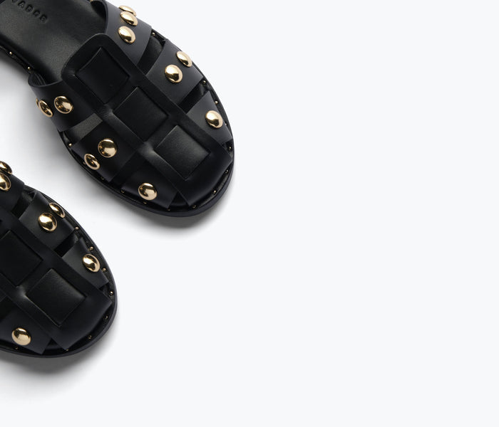 Black SERA Fisherman Sandal by FREDA SALVADOR with woven strap detail and open toe design.