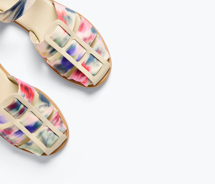 Freda Salvador SERA Fisherman Sandal with watercolor satin strap detail, showcasing stylish and comfortable footwear design.