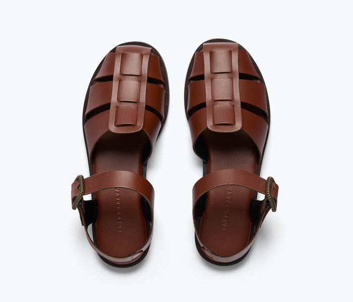 Freda Salvador SERA Fisherman Sandal in chocolate calf leather with strappy design and open toe, displayed on a neutral background.