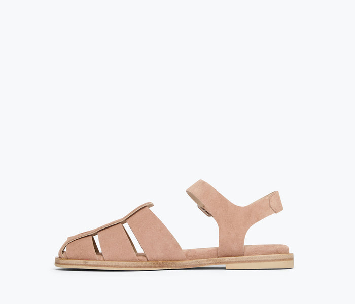 Freda Salvador Sera Fisherman Sandal in blush suede with inside view showing comfortable strap design and cushioned footbed.