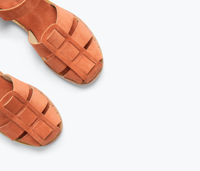Freda Salvador SERA Fisherman Sandal in cantaloupe suede, showing detailed close-up of the stylish sandal's textured strap